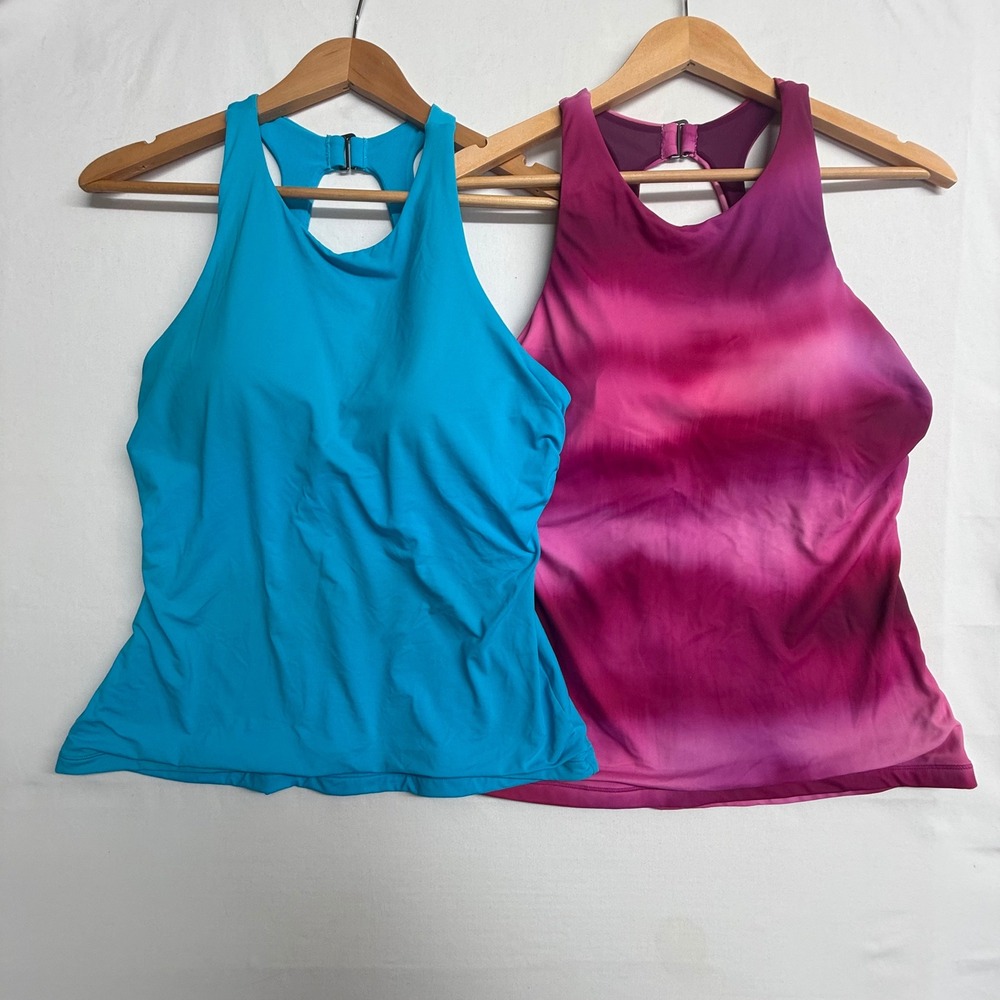 Athleta Tankini Swim Top Bundle 38D/DD Blue Pink Racerback Shelf Bra Lot 2